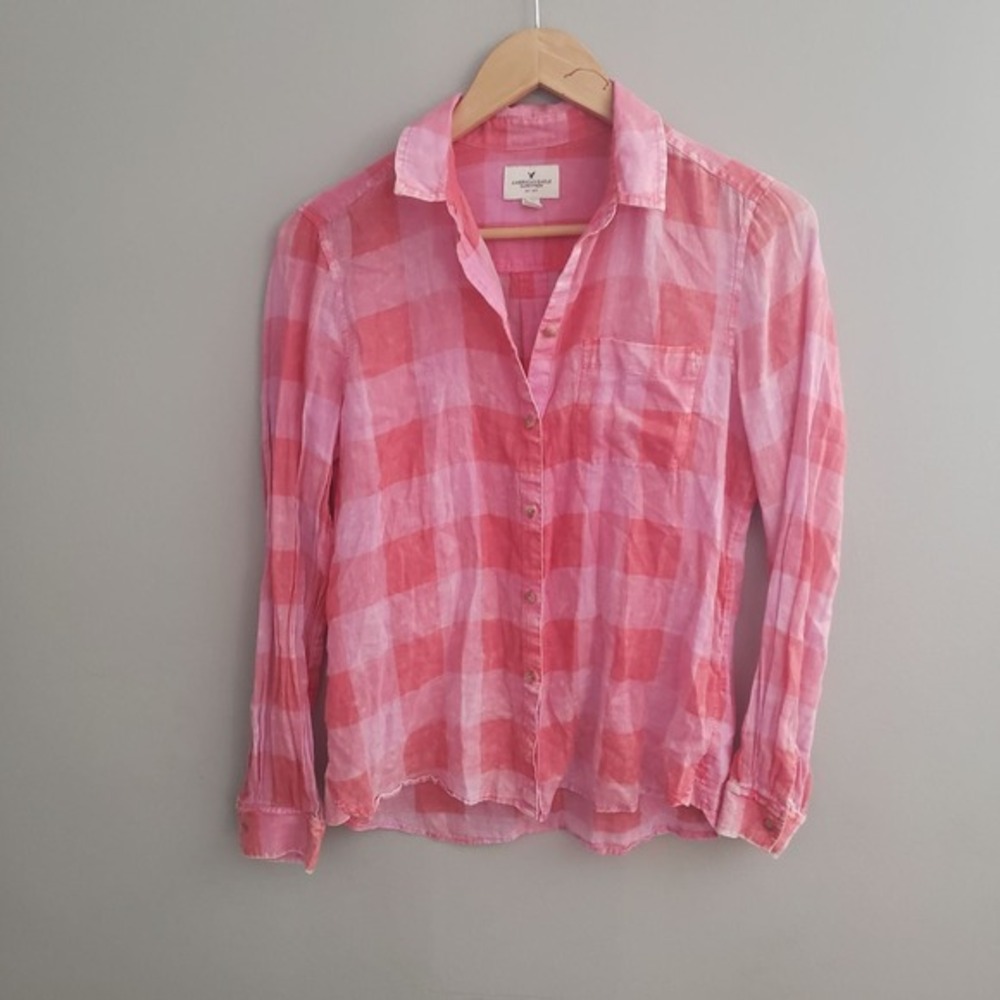 American Eagle Pink Plaid Button Down Shirt Long Sleeve‎ Buffalo Check Small